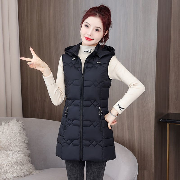 Winter Cotton-padded Jacket Women&#039;s New Mid-length Middle-aged Western-style Lightweight Hooded Vest Slim-fit Slimming Vest Coat