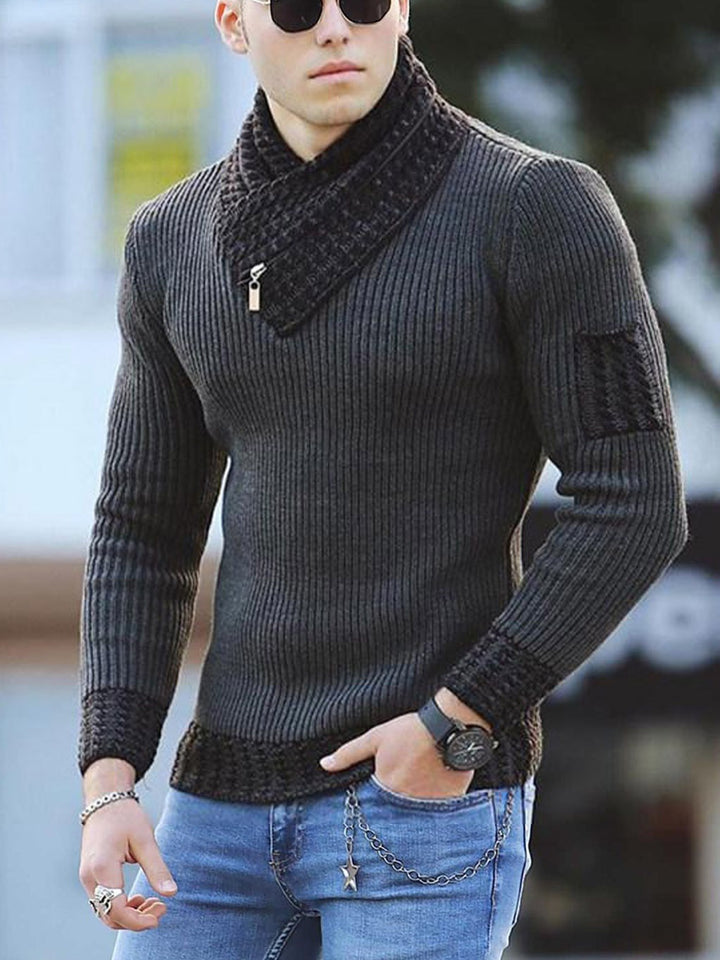 2025 Cross-Border European And American Men's Slim-Fitting Knitwear Pullover Long-Sleeved Scarf Collar Knitwear Men's Jacket Splicing Knitwear