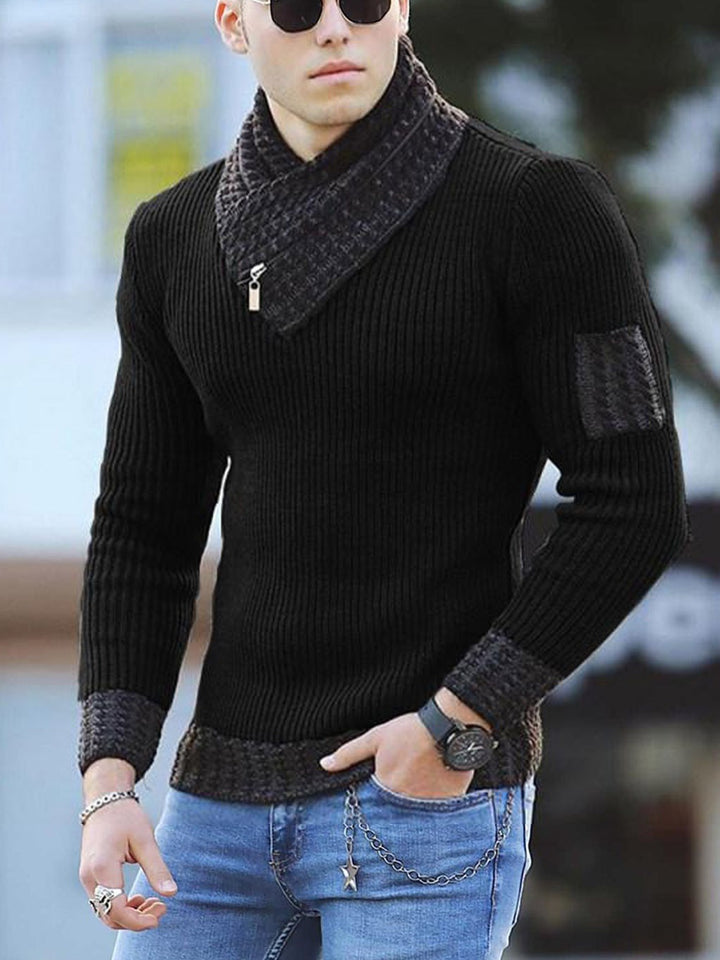 2025 Cross-Border European And American Men's Slim-Fitting Knitwear Pullover Long-Sleeved Scarf Collar Knitwear Men's Jacket Splicing Knitwear