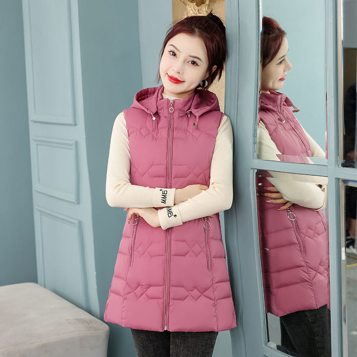 Winter Cotton-padded Jacket Women&#039;s New Mid-length Middle-aged Western-style Lightweight Hooded Vest Slim-fit Slimming Vest Coat