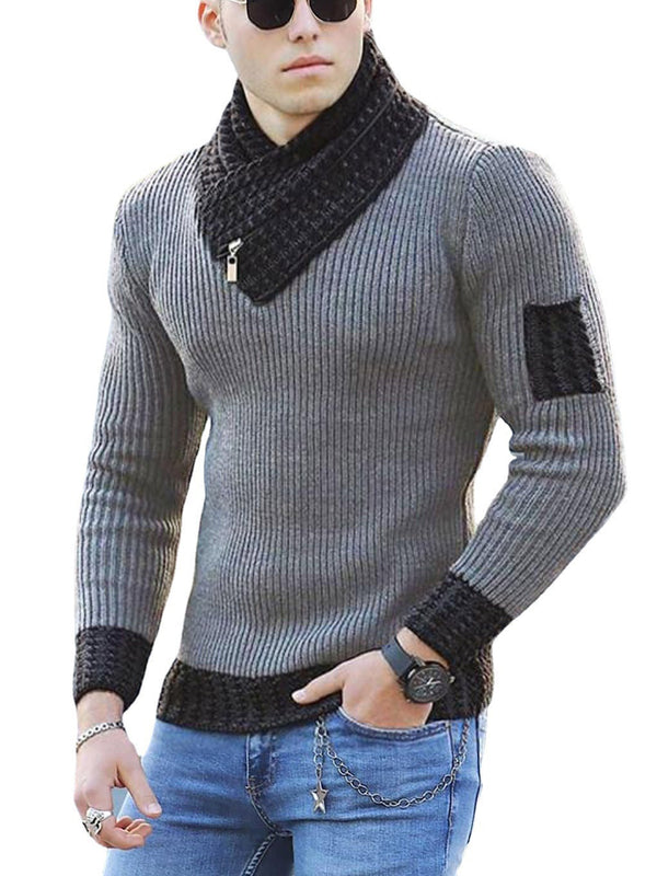 2025 Cross-Border European And American Men's Slim-Fitting Knitwear Pullover Long-Sleeved Scarf Collar Knitwear Men's Jacket Splicing Knitwear