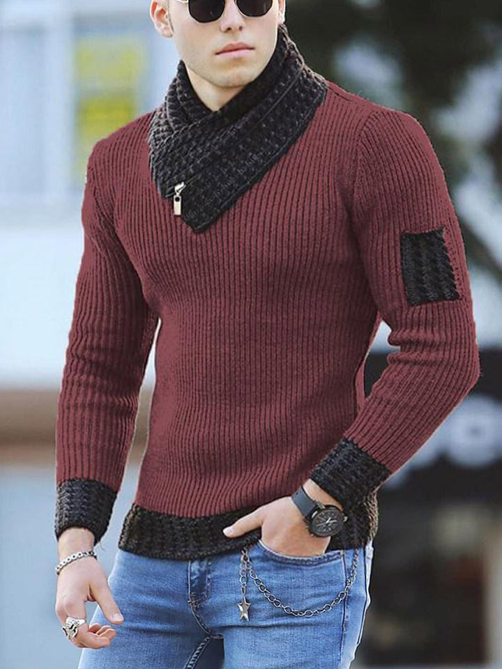 2025 Cross-Border European And American Men's Slim-Fitting Knitwear Pullover Long-Sleeved Scarf Collar Knitwear Men's Jacket Splicing Knitwear