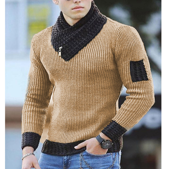 2025 Cross-Border European And American Men's Slim-Fitting Knitwear Pullover Long-Sleeved Scarf Collar Knitwear Men's Jacket Splicing Knitwear